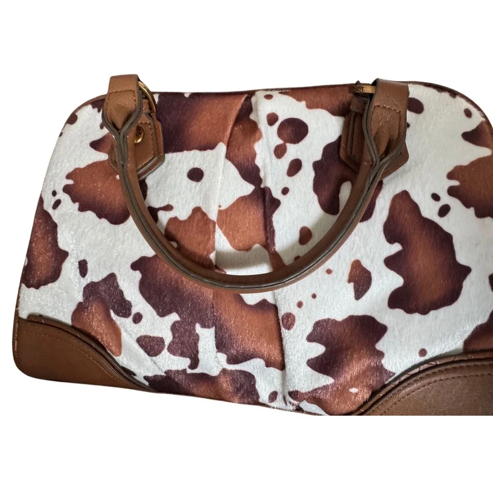 Juicy Brown Cow Western Chic Satchel Bag Crossbody Strap Charm Bag Bow Heart NWT